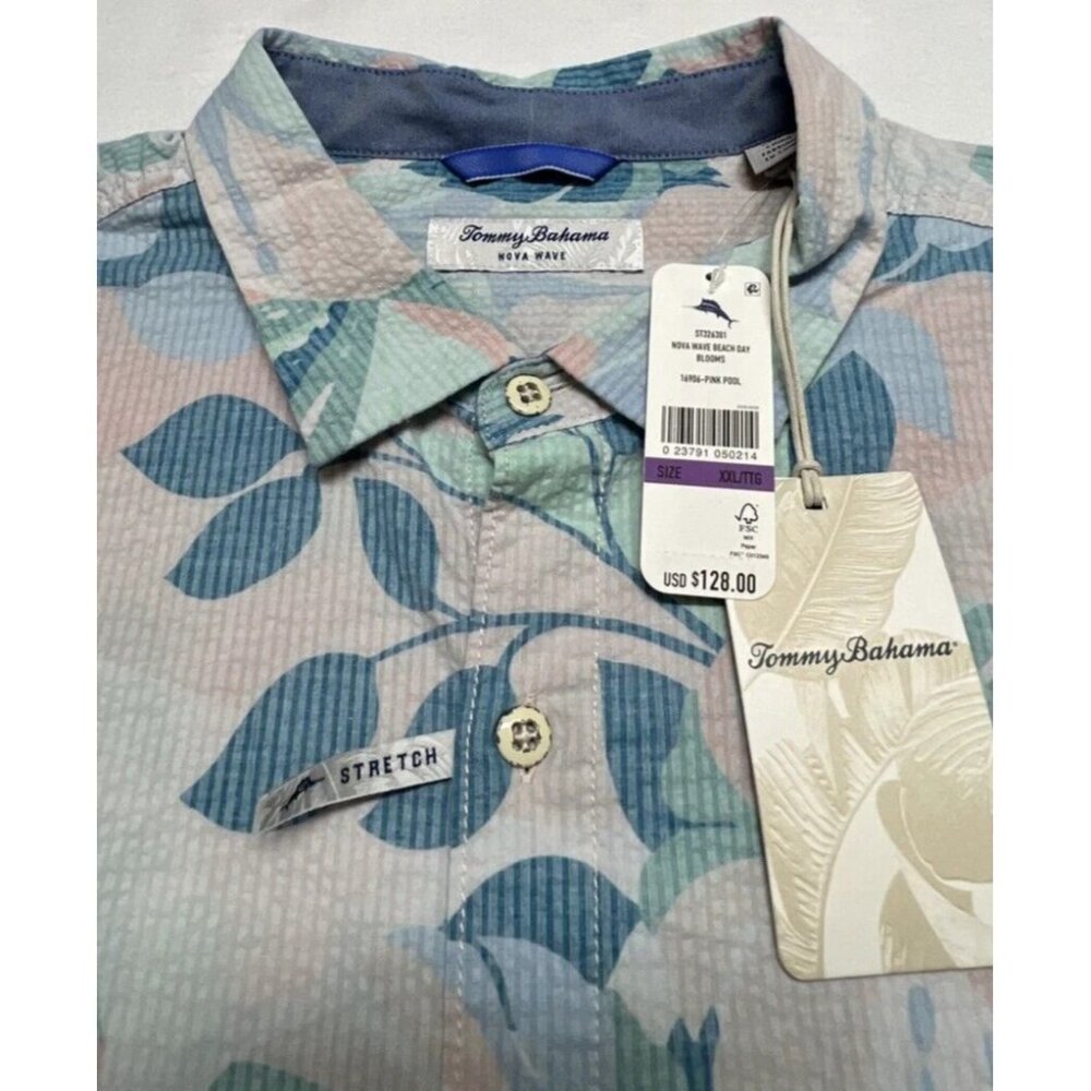Tommy Bahama Mens XXL Seersucker Nova Wave Beach Day Blooms Camp Shirt Pink Pool - Picture 6 of 9